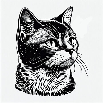 Javanese Cat portrait illustration, detailed black and white art, created with Generative AI
