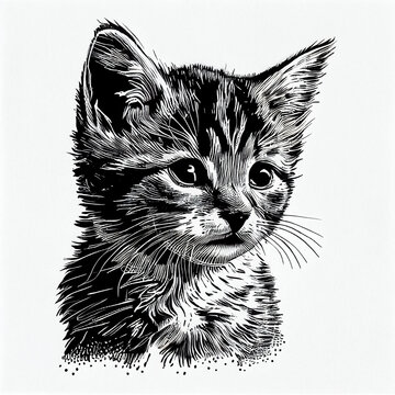 LaPerm Cat portrait illustration, detailed black and white art, created with Generative AI
