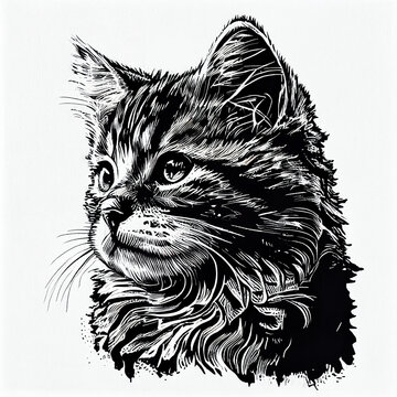 Maine Coon Cat portrait illustration, detailed black and white art, created with Generative AI
