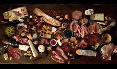  a wooden table topped with lots of different types of meats and cheeses on top of a wooden table next to a bottle of wine.  generative ai