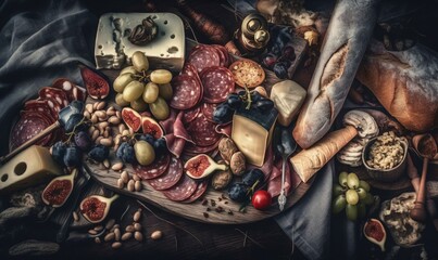  a variety of meats and cheeses on a wooden platter with a blue cloth on the side of the platter is a variety of meats and cheeses.  generative ai