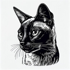 Siamese Cat portrait illustration, detailed black and white art, created with Generative AI