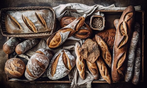  a box filled with lots of different types of breads and loaves of breads on top of a cloth covered table cloth next to a basket with a wooden spoon.  generative ai