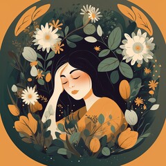 Beautiful romantic idyllic woman in a garden vector illustration made with Generative AI 