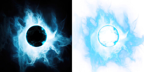 Blue smoke billows around a black hole, leaving a copyspace at the center for text or graphics.  isolated on black and transparent PNG background. Generative AI.