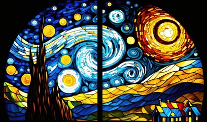 a stained glass window with a painting of a night sky and stars in the sky and a house in the foreground with a full moon in the background.  generative ai