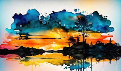  a painting of a sunset with trees in the water and a sky in the background with clouds and watercolors on the water surface.  generative ai