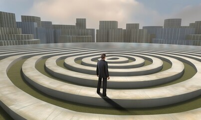  a man standing in front of a maze in the middle of a city with skyscrapers in the background and clouds in the sky above.  generative ai