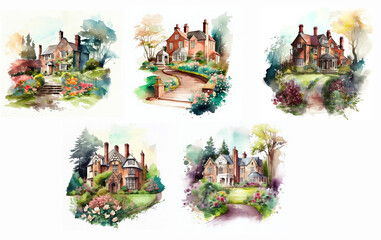 Old Rural Cottage Houses in the garden, Watercolor Clipart, Generative AI
