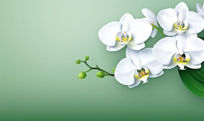  a bunch of white flowers with green leaves on a light green background with space for a text or a logo on the bottom of the image.  generative ai