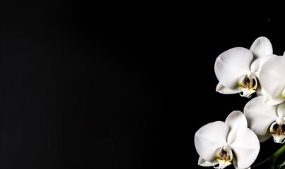 Fototapeta na wymiar a group of white orchids on a black background with a space for a text or a picture to put on a card or postcard. generative ai