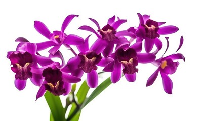 Naklejka na ściany i meble a bunch of purple orchids in a vase on a white background with a green stem in the center of the vase, with a white background with a white backdrop. generative ai