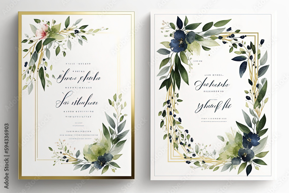 Wall mural wedding invitation, thank you card, rsvp, details,menu,welcome,boho DIY minimal template design with watercolor greenery leaf and branch, watercolor invitation, beautiful floral wreath. Generative AI
 - Wall murals
