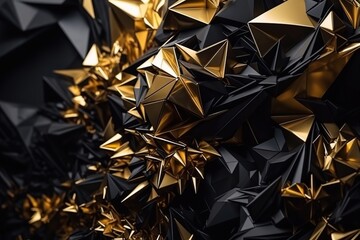 Polygonal black and gold abstract with spiky connection structure made with generative AI