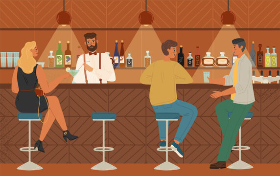 People sitting at bar counter drink alcohol cocktail. Vector illustration. Bartender serving customers in a bar. Pub interior with stools, shelf and bottles