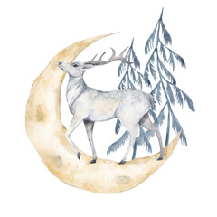 Watercolor illustration of a white deer with antlers standing on the moon with spruce trees in the background. The print is isolated on a white background. Hand drawing.png file