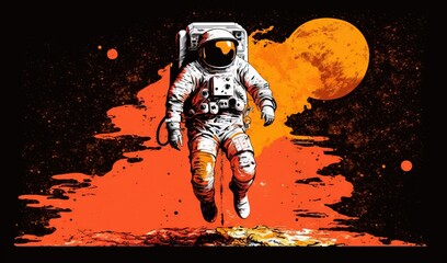  an astronaut walking on the surface of the moon with a backpack on his back and a full moon in the background with orange and red spots.  generative ai