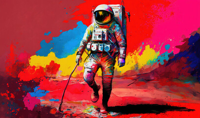  a painting of an astronaut walking on a red, yellow, and blue background with a pink, yellow, red, and blue background.  generative ai
