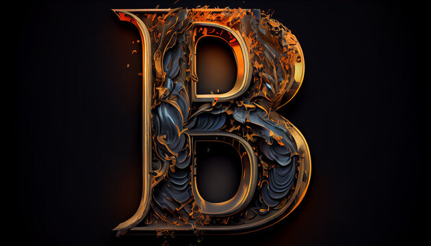 Capital letter B ateampunk alphabet in gold and black colour created with generative Ai technology