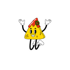 Mexican food character in groovy style. Trippy mascot with salsa sauce. Disco snack chip. Happy cartoon illustration