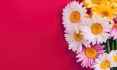  a bunch of daisies on a pink background with a pink background and a pink background with a white and yellow daisy in the center.  generative ai