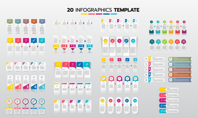 Business infographic template set process with simple geometry square, rectangle, circle, triangle, curves in flat design template with thin line icons and 5 options or steps. Vector illustration.