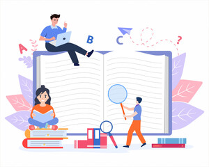 Tiny people sitting and standing near giant book and reading an open huge book concept of Study, learning knowledge and education.
