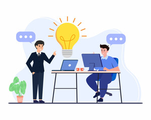 Business people are sitting at table and discussing ideas for startup, opinions and brainstorming. flat vector illustration