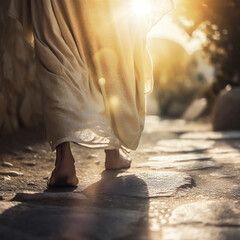 Close up of Jesus walking on a road. Generative AI - obrazy, fototapety, plakaty