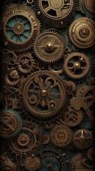 Fototapeta na wymiar A background of gold steampunk gears and cogs. Generative AI. 