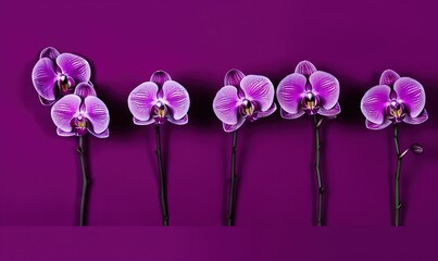  a row of purple orchids on a purple background with a black stem in the middle of the row is a single stem with a single flower in the middle.  generative ai