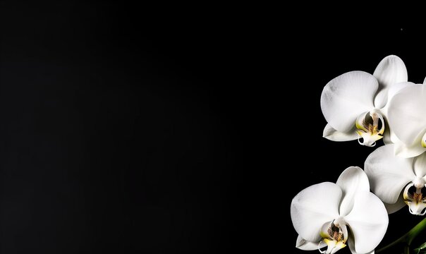  a group of white orchids on a black background with a space for a text or a picture to put on a card or postcard.  generative ai