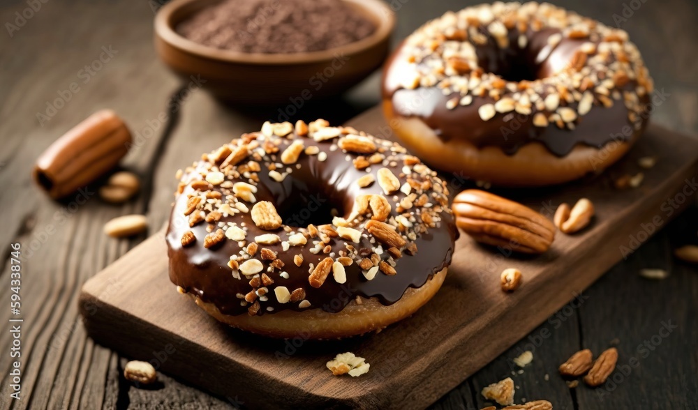 Wall mural two chocolate donuts with nuts on a cutting board next to a bowl of chocolate powder and a bowl of p