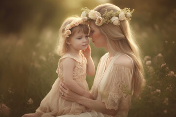 Fototapeta na wymiar Overjoyed young mother have fun cuddling with cute little preschooler daughter at nature, happy smiling mom and small cute girl. Generative AI