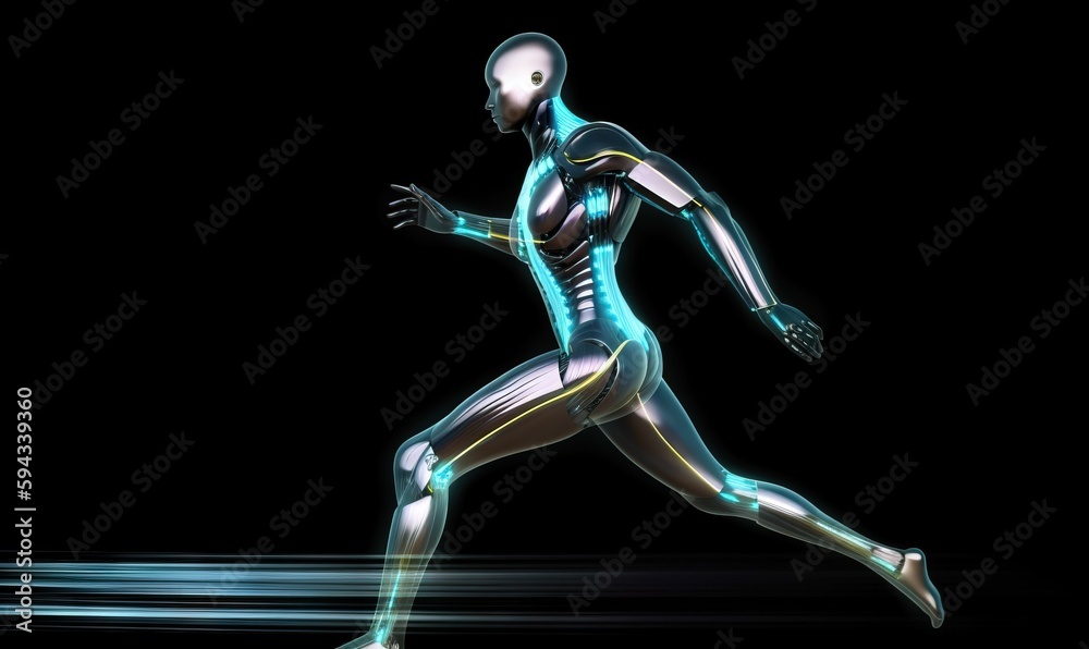 Wall mural a futuristic woman running in the dark with motion blurs on her face and arms and legs, with a black