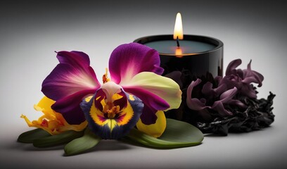 Obraz na płótnie Canvas a candle with a flower next to it on a gray background with a flower and a candle on the side of the candle is lit. generative ai