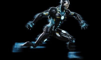 Obraz na płótnie Canvas a man in a futuristic suit running with his hands on his hips and glowing lights on his face and chest, in a black background. generative ai
