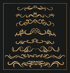 Unique and creative golden color flower ornament text dividers, arrows, flourishes and laurel vector design elements set for decoration With Black background.