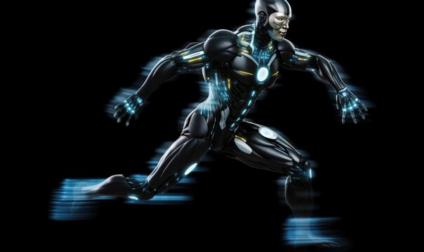  a man in a futuristic suit running with his hands on his hips and glowing lights on his face and chest, in a black background.  generative ai