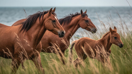 Obraz na płótnie Canvas family of wild meadow horses generative ai