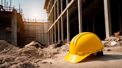 Fototapeta premium Helmet in construction site, safety first concept. Generative AI