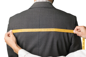 Tailor measuring the size for a tailor made suite for a man model