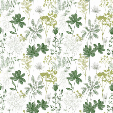 Watercolor botanical seamless pattern with leaves. Delicate floral background for textiles, fabrics, wrapping paper. Generative AI © iloli