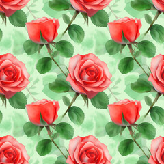Watercolor botanical seamless pattern with red roses. Delicate floral background for textiles, fabrics, wrapping paper. Generative AI