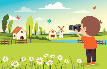 Little Cartoon Kid Taking Photo