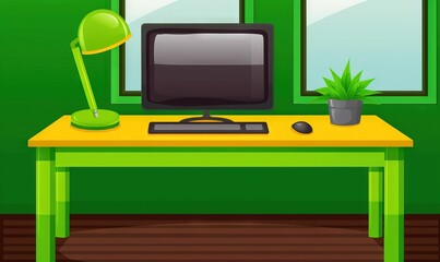  a desk with a computer monitor and a green lamp on it in front of a green wall with a window and a potted plant.  generative ai