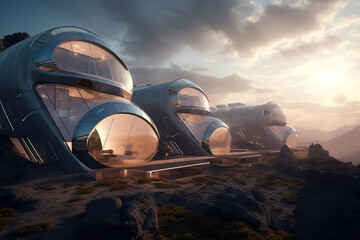 Futuristic houses of future appearance. Large building capsules in nature outdoors, modern architecture. Generative AI