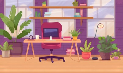  a room with a desk, chair, potted plants and a computer monitor on a desk in front of a window with a brick wall.  generative ai