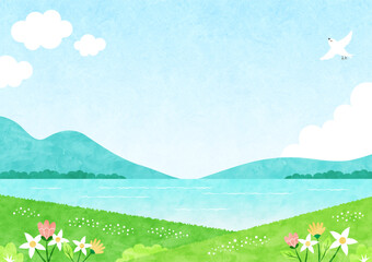 花咲く草原と水辺の風景 夏の自然の水彩背景イラスト