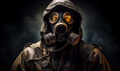  a man wearing a gas mask and a leather jacket with a hood and goggles over his face in a dark smokey background photo.  generative ai